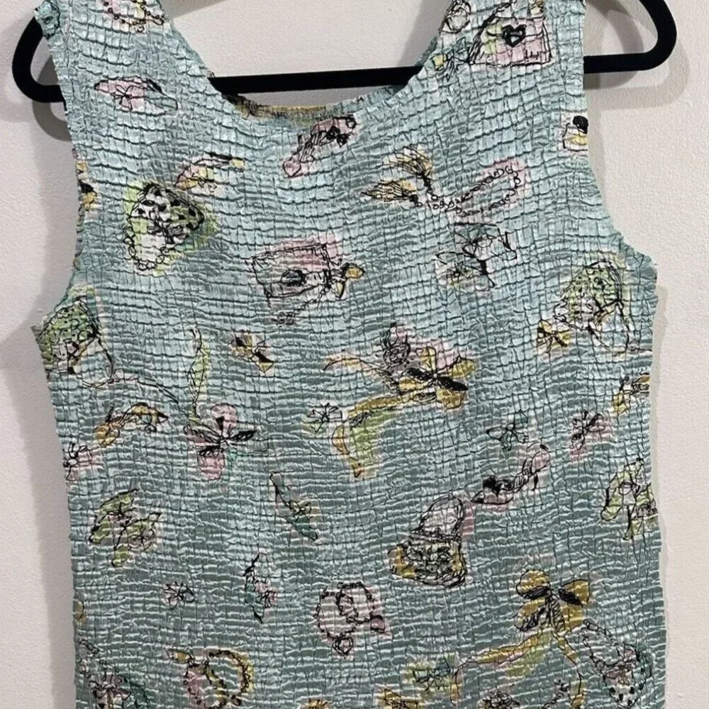 CASUAL CORNER ANNEX Women Stretch Crinkle Blue Floral Tank Top Sleeveless SZ XL - Picture 1 of 5